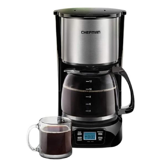 CAFETERA CHEFMAN 12 TAZAS PROGRAMABLE DIGITAL CON JARRA DE VIDRIO ACERO INOX